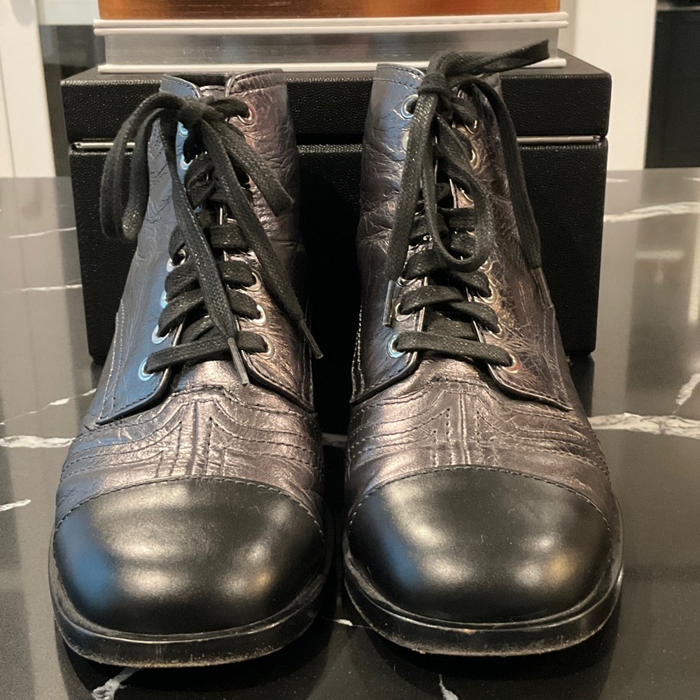 Chanel Crinkle Leather Metallic Lace-Up Ankle Bootie